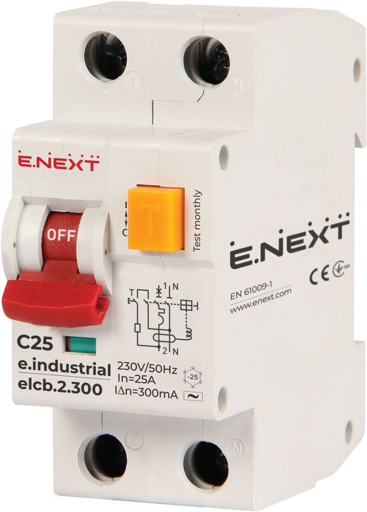 ДЕФЕКТНОТОКОВА ЗАЩИТА С АВТОМАТИЧЕН ПРЕКЪСВАЧ E.INDUSTRIAL.ELCB 1P+N, 25 A, 300 MA, 10 KA, ТИП AC, E.INDUSTRIAL.ELCB.2.C25.300, E.NEXT