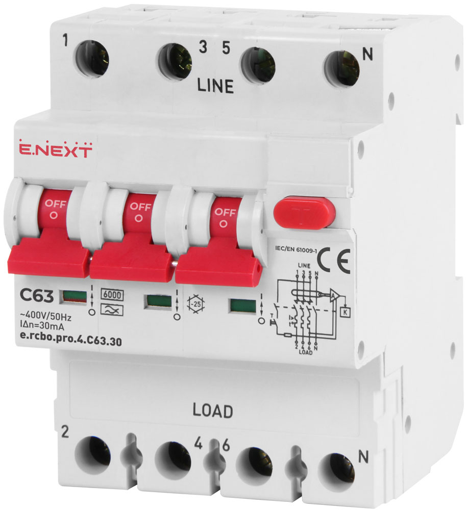 ДЕФЕКТНОТОКОВА ЗАЩИТА С АВТОМАТИЧЕН ПРЕКЪСВАЧ E.RCBO.PRO 3P+N, 63 A, 30 MA, 6 KA, E.RCBO.PRO.4.C63.30, E.NEXT