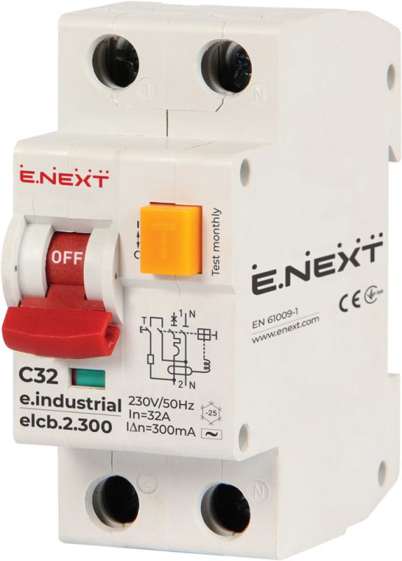 ДЕФЕКТНОТОКОВА ЗАЩИТА E.INDUSTRIAL.ELCB 1P+N, 32 A, 300 MA, 10 KA, ТИП AC, E.INDUSTRIAL.ELCB.2.C32.300, E.NEXT