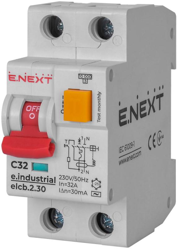 ДЕФЕКТНОТОКОВА ЗАЩИТА E.INDUSTRIAL.ELCB 1P+N, 32 A, 30 MA, 10 KA, ТИП AC, E.INDUSTRIAL.ELCB.2.C32.30, E.NEXT