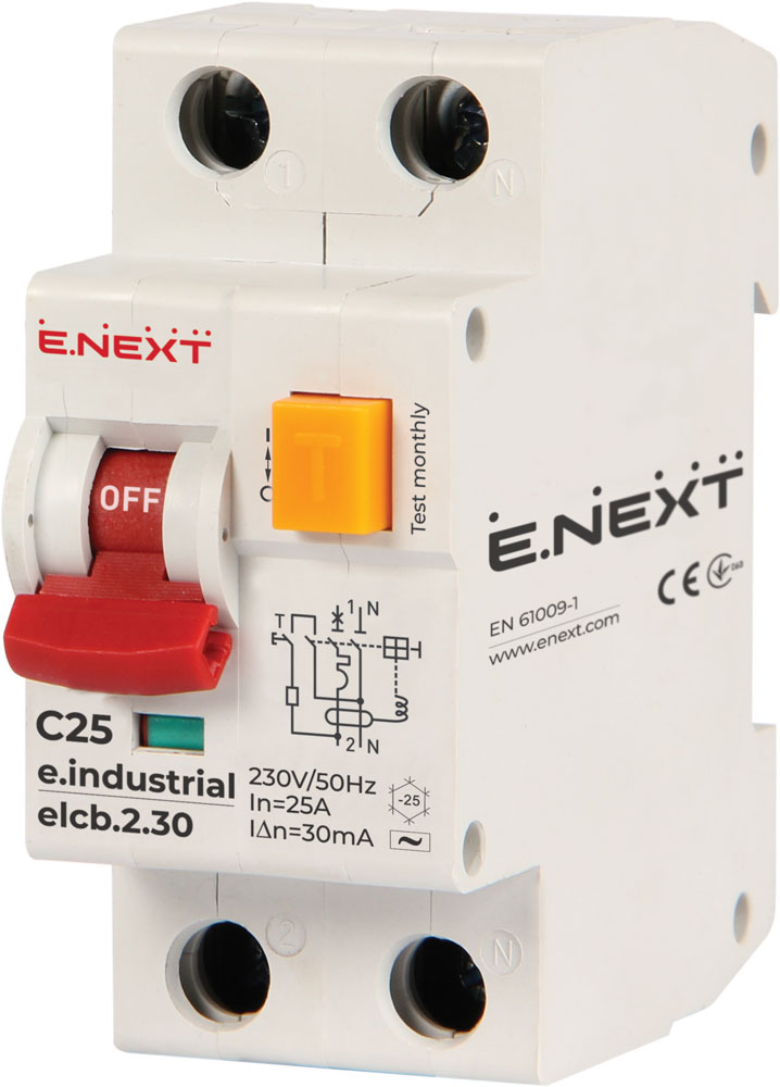 ДЕФЕКТНОТОКОВА ЗАЩИТА С АВТОМАТИЧЕН ПРЕКЪСВАЧ E.INDUSTRIAL.ELCB 1P+N, 25 A, 30 MA, 10 KA, ТИП AC, E.INDUSTRIAL.ELCB.2.C25.30, E.NEXT