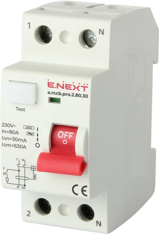 ДЕФЕКТНОТОКОВА ЗАЩИТА E.RCCB.PRO 1P+N, 80 A, 30 MA, ТИП AC, E.RCCB.PRO.2.80.30, E.NEXT
