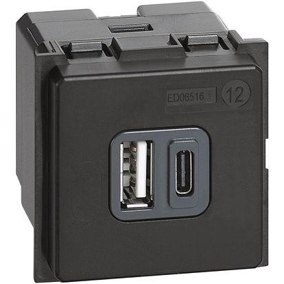 USB ЗАРЯДНО УСТРОЙСТВО LIVING NOW, 5 VDC ТИП А + C USB КОНТАКТ - 3000 MA, 2 МОДУЛА, СКРИТ МОНТАЖ, ЧЕРЕН, BTICINO