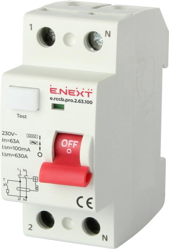ДЕФЕКТНОТОКОВА ЗАЩИТА E.RCCB.PRO 1P+N, 63 A, 100 MA, ТИП AC, E.RCCB.PRO.2.63.100, E.NEXT