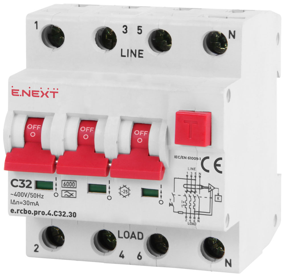 ДЕФЕКТНОТОКОВА ЗАЩИТА С АВТОМАТИЧЕН ПРЕКЪСВАЧ E.RCBO.PRO 3P+N, 32 A, 30 MA, 6 KA, E.RCBO.PRO.4.C32.30, E.NEXT