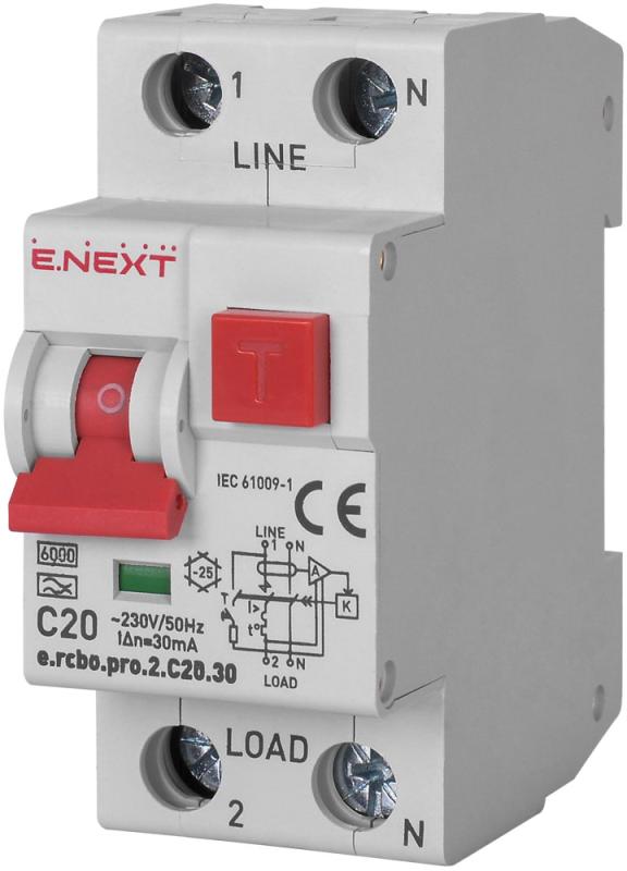 ДЕФЕКТНОТОКОВА ЗАЩИТА E.RCBO.PRO 1P+N, 20 A, 30 MA, 6 KA, E.RCBO.PRO.2.C20.30, E.NEXT