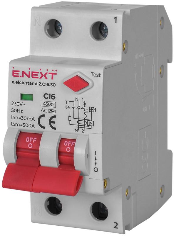 ДЕФЕКТНОТОКОВА ЗАЩИТА E.ELCB.STAND 1P+N, 16 A, 30 MA, 4.5 KA, ТИП AC, E.ELCB.STAND.2.C16.30, E.NEXT