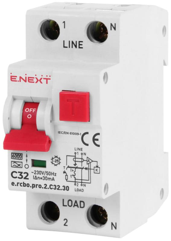 ДЕФЕКТНОТОКОВА ЗАЩИТА E.RCBO.PRO 1P+N, 32 A, 30 MA, 6 KA, E.RCBO.PRO.2.C32.30, E.NEXT