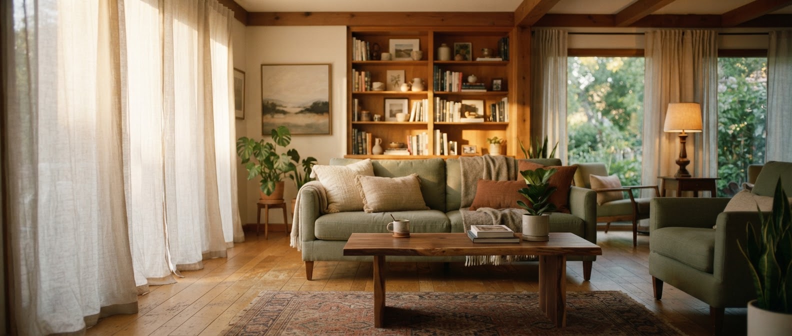 Peaceful sunlit home interior