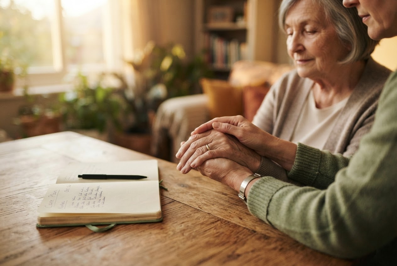 Caregiver holding hands with an elderly person