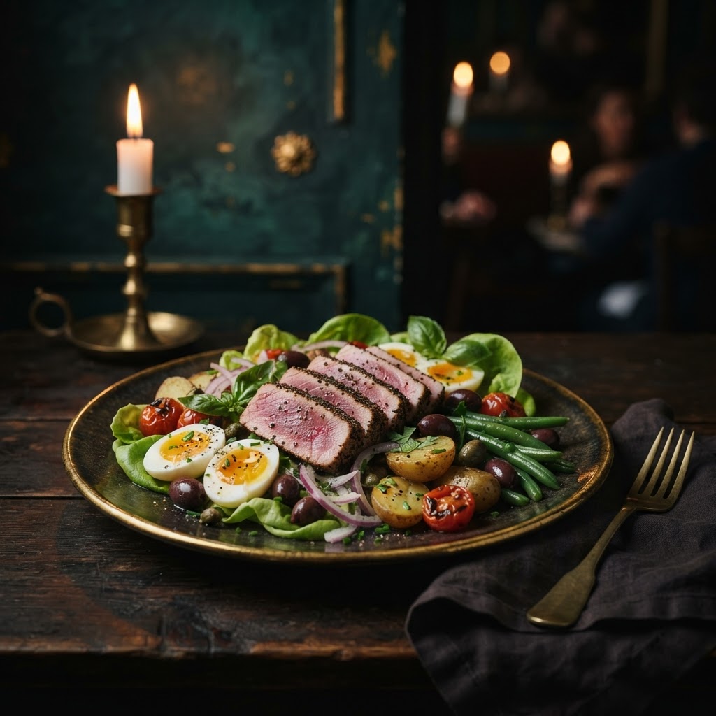 Elegant salade niçoise with seared tuna, soft-boiled eggs, and fresh vegetables on a gold-rimmed plate