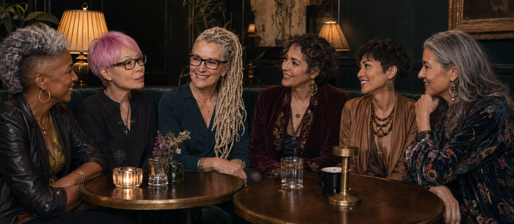 Women laughing together over coffee and food in an intimate candlelit speakeasy-style café