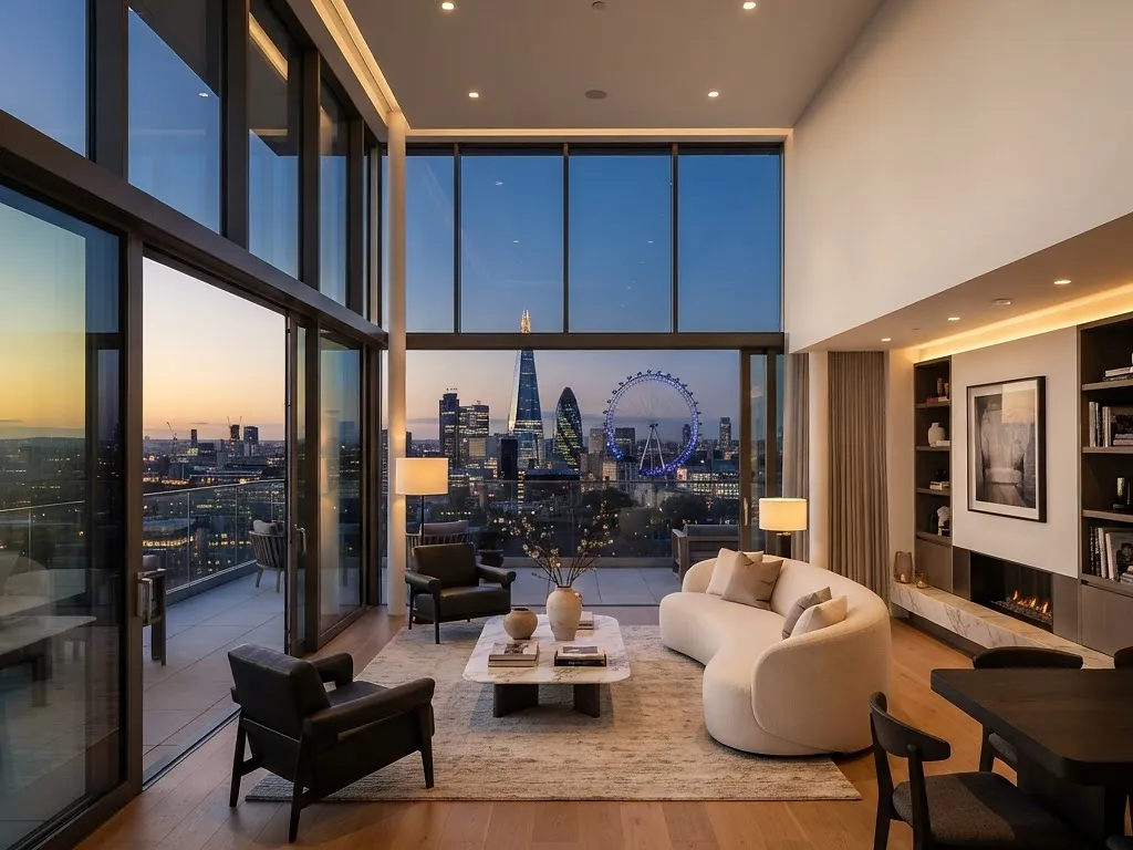 Modern London penthouse interior at dusk