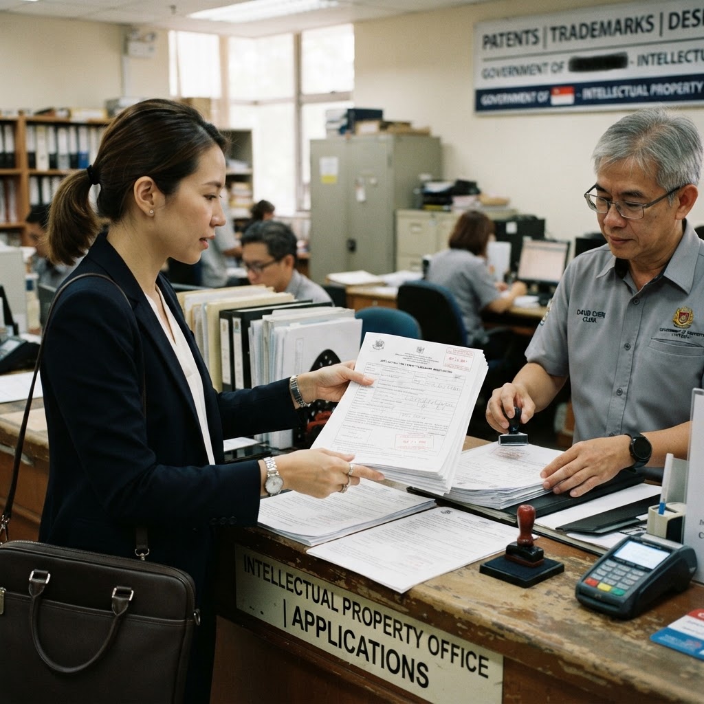 A business workspace representing IP registration and protection