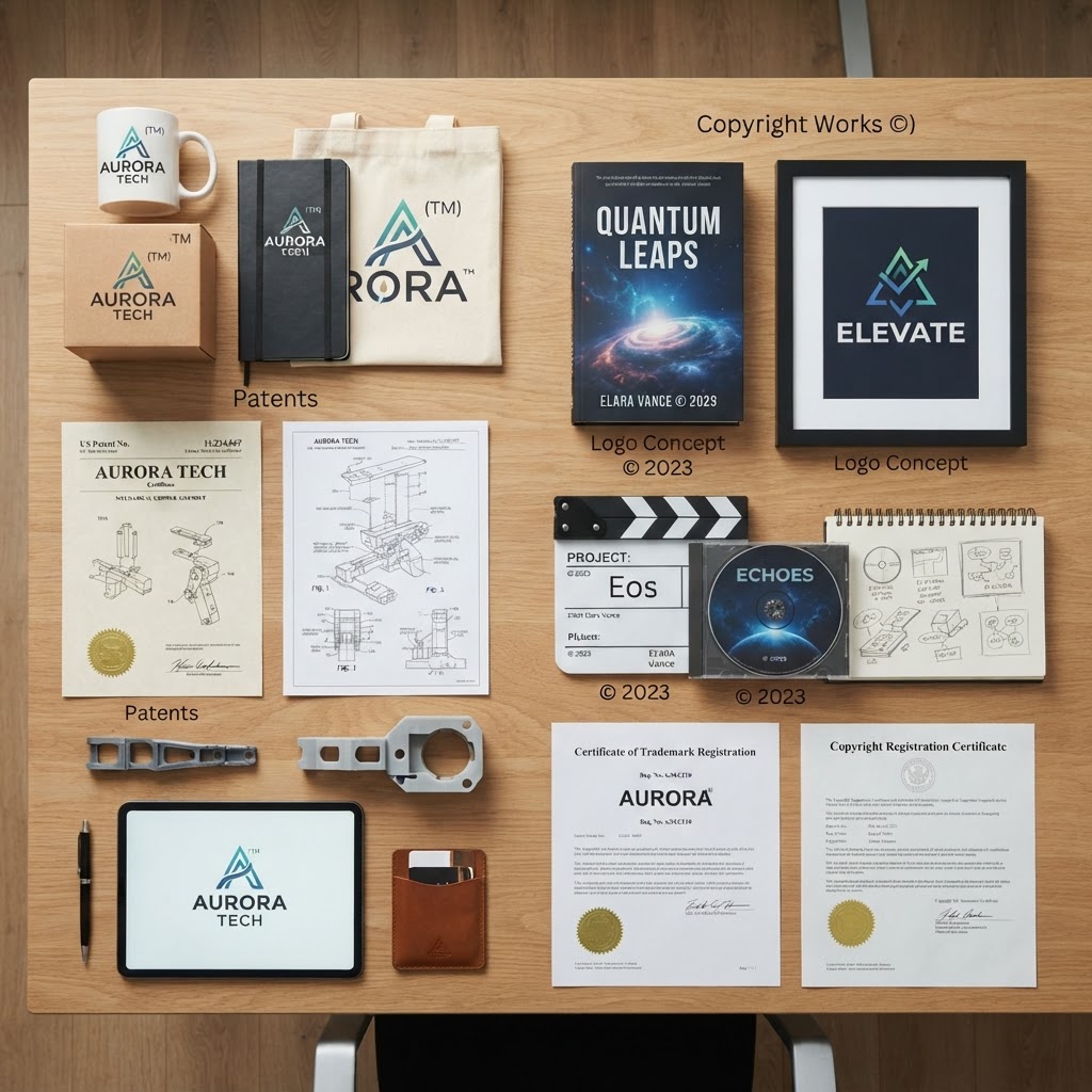 Legal documents and branded materials representing intellectual property