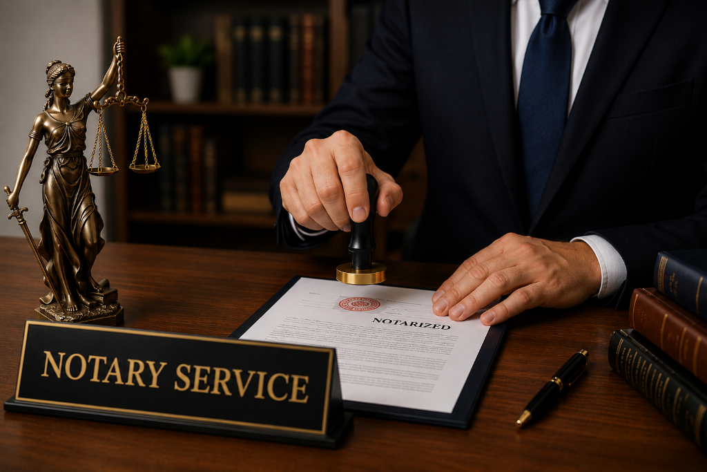 A notarial services attorney stamping a legal document on a desk