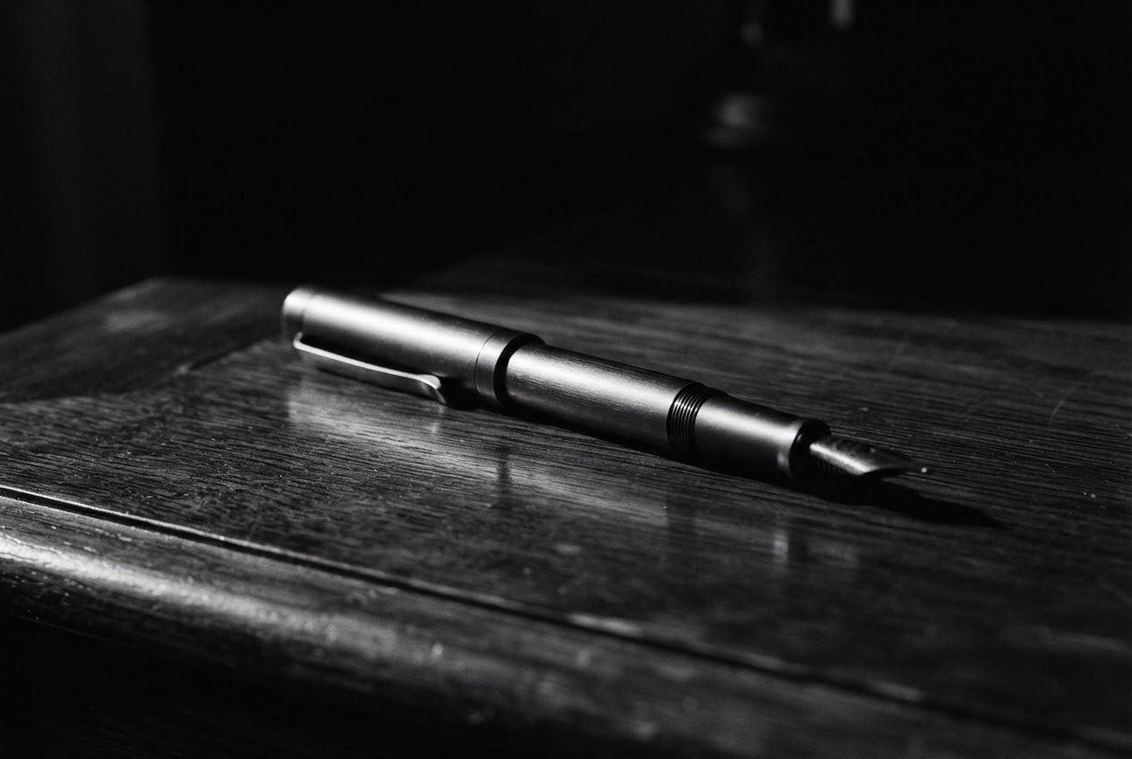 A single fountain pen on an oak desk