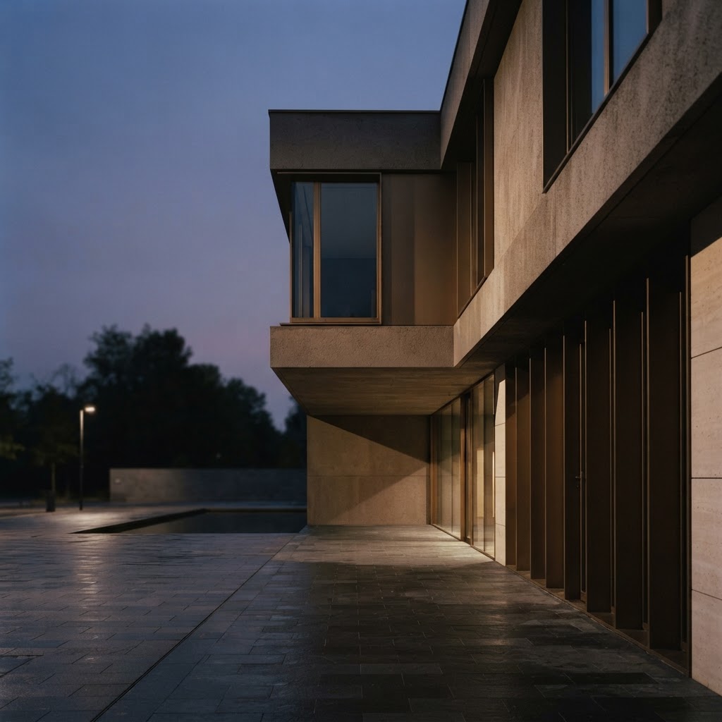 Modernist architectural facade at dusk
