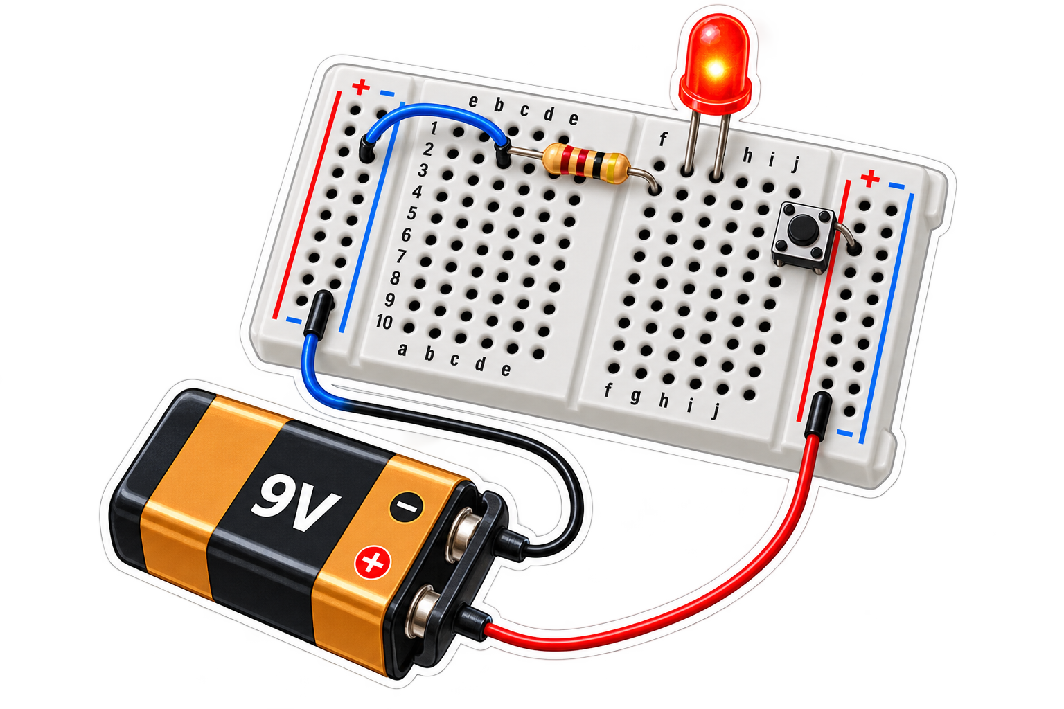 Circuit breadboard cu LED și baterie 9V