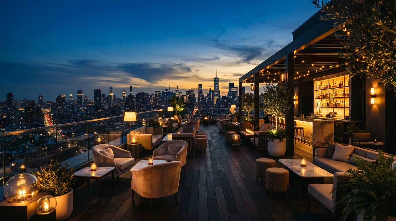 Luxury boutique hotel rooftop at dusk