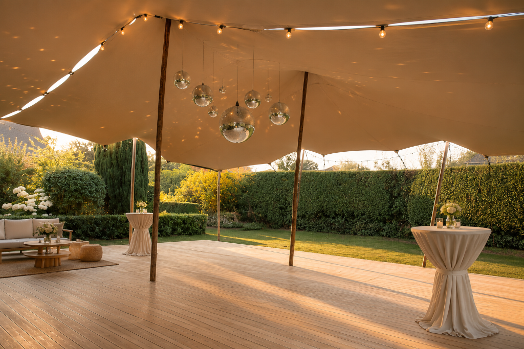 Boules disco suspendues sous la toile d'une tente stretch en cours d'installation