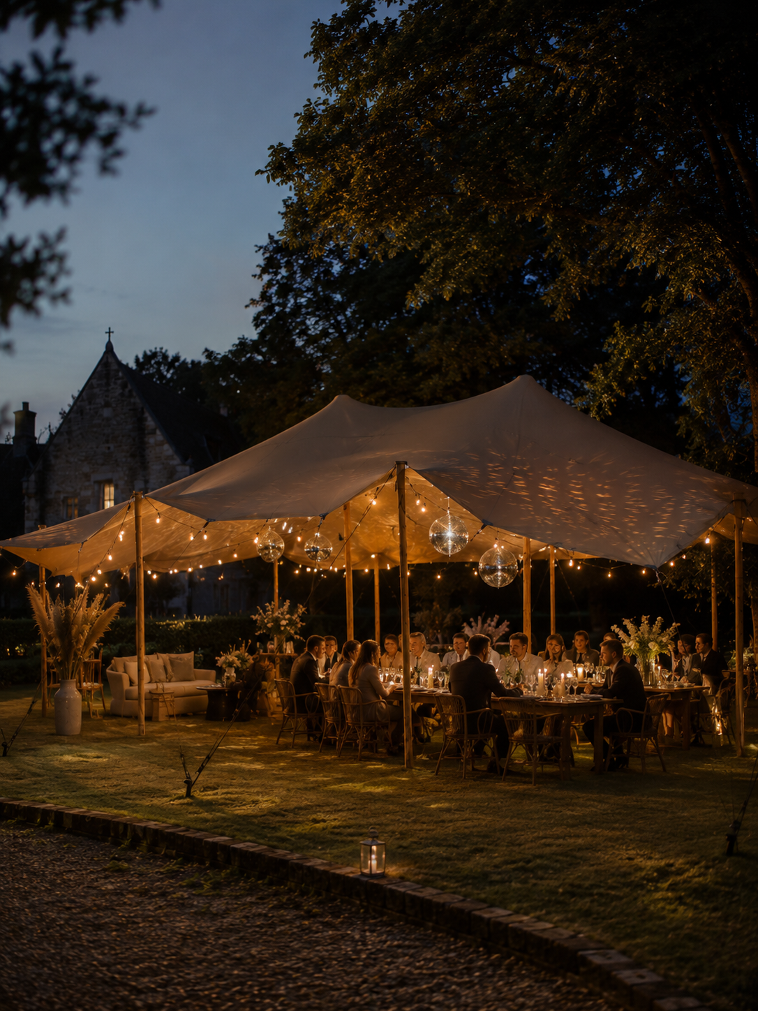 Dîner élégant sous tente stretch illuminée de guirlandes lumineuses au crépuscule