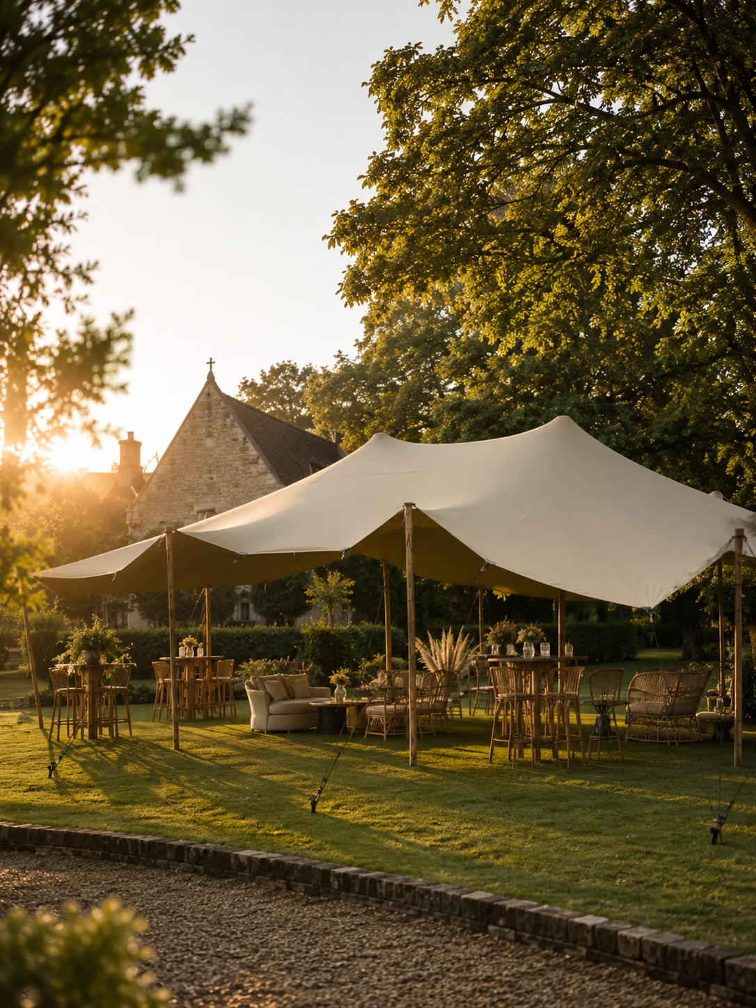 Réception de mariage ensoleillée dans le jardin d'un domaine avec tente stretch