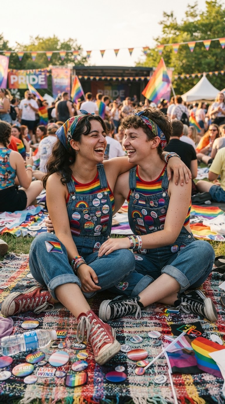 Denim Overalls with Pride Patches - pride fest outfit idea 7