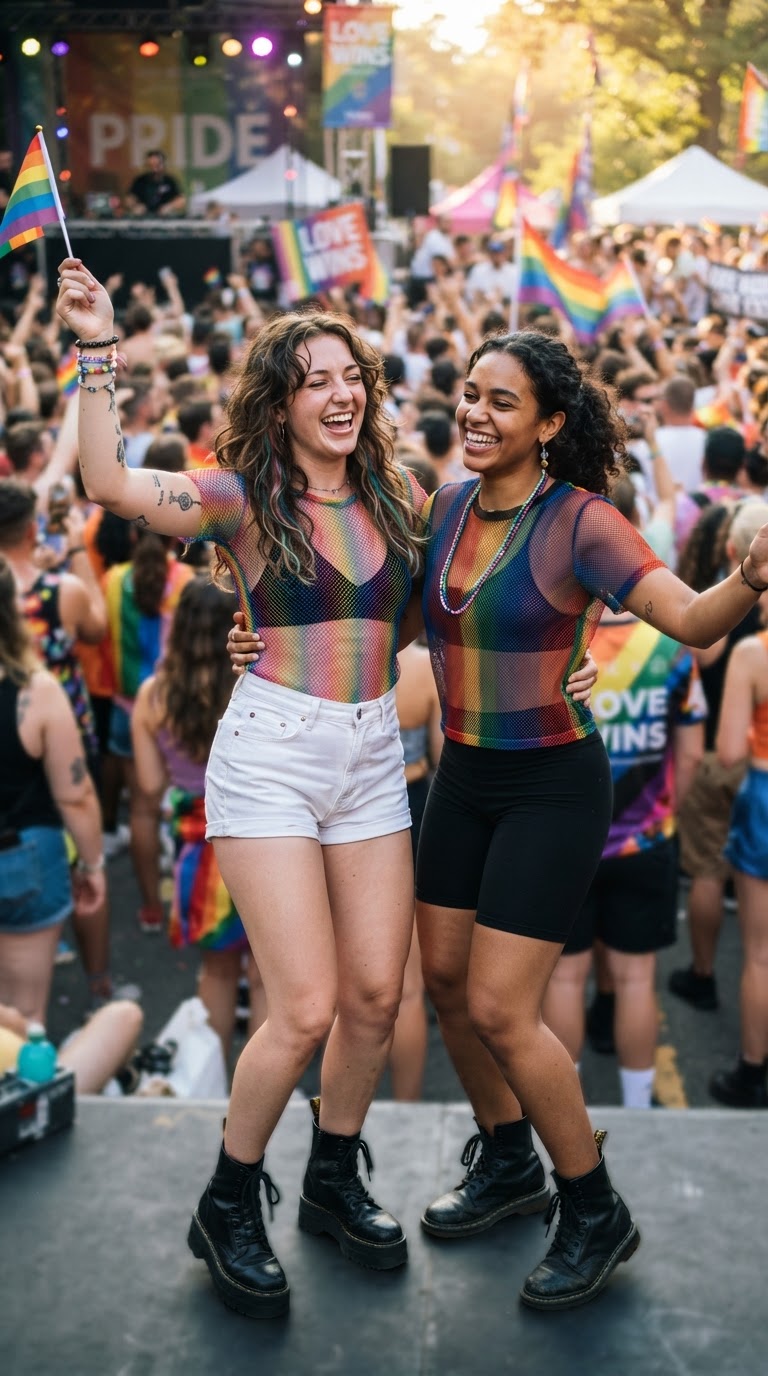 Rainbow Mesh Top & High-Waisted Shorts - pride fest outfit idea 6