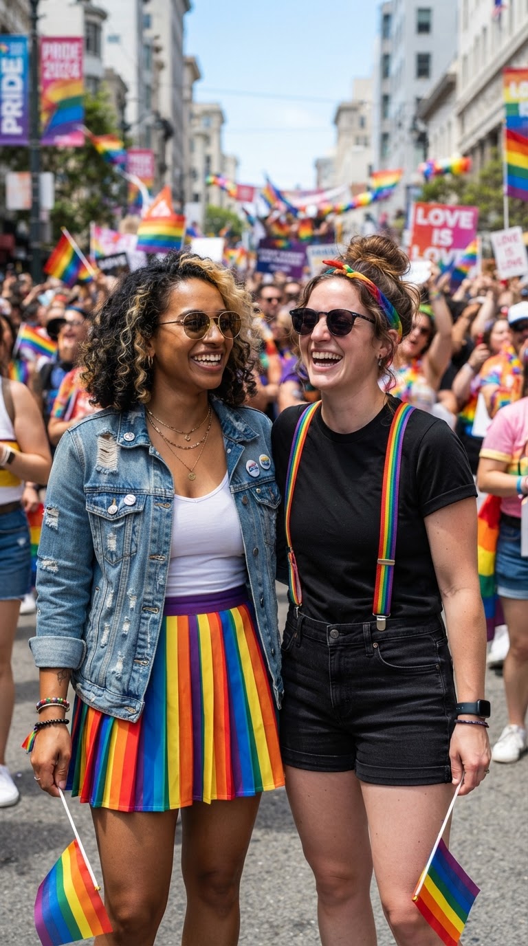 Pride outfit idea 4: Rainbow Pleated Skirt & Suspenders
