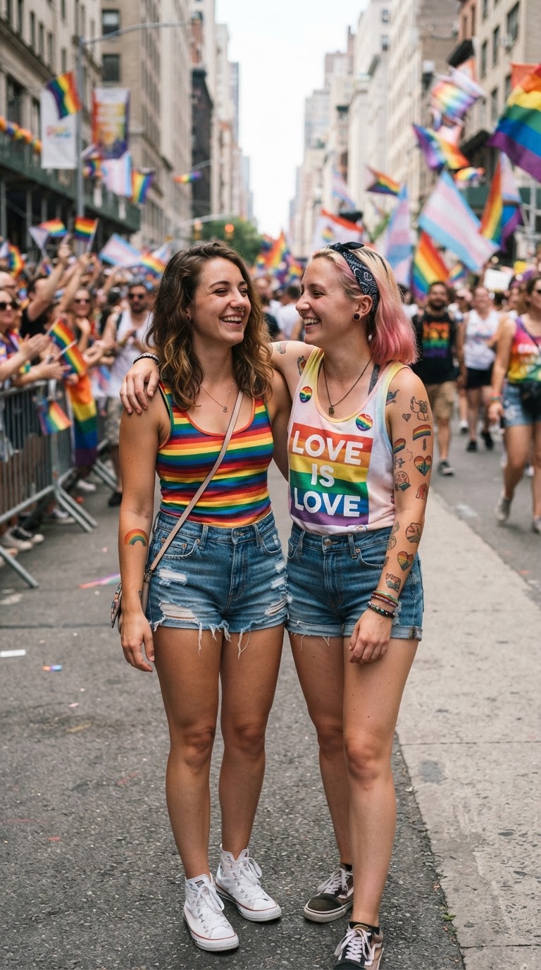 Pride outfit idea 1: Rainbow Tank & Denim Cutoffs