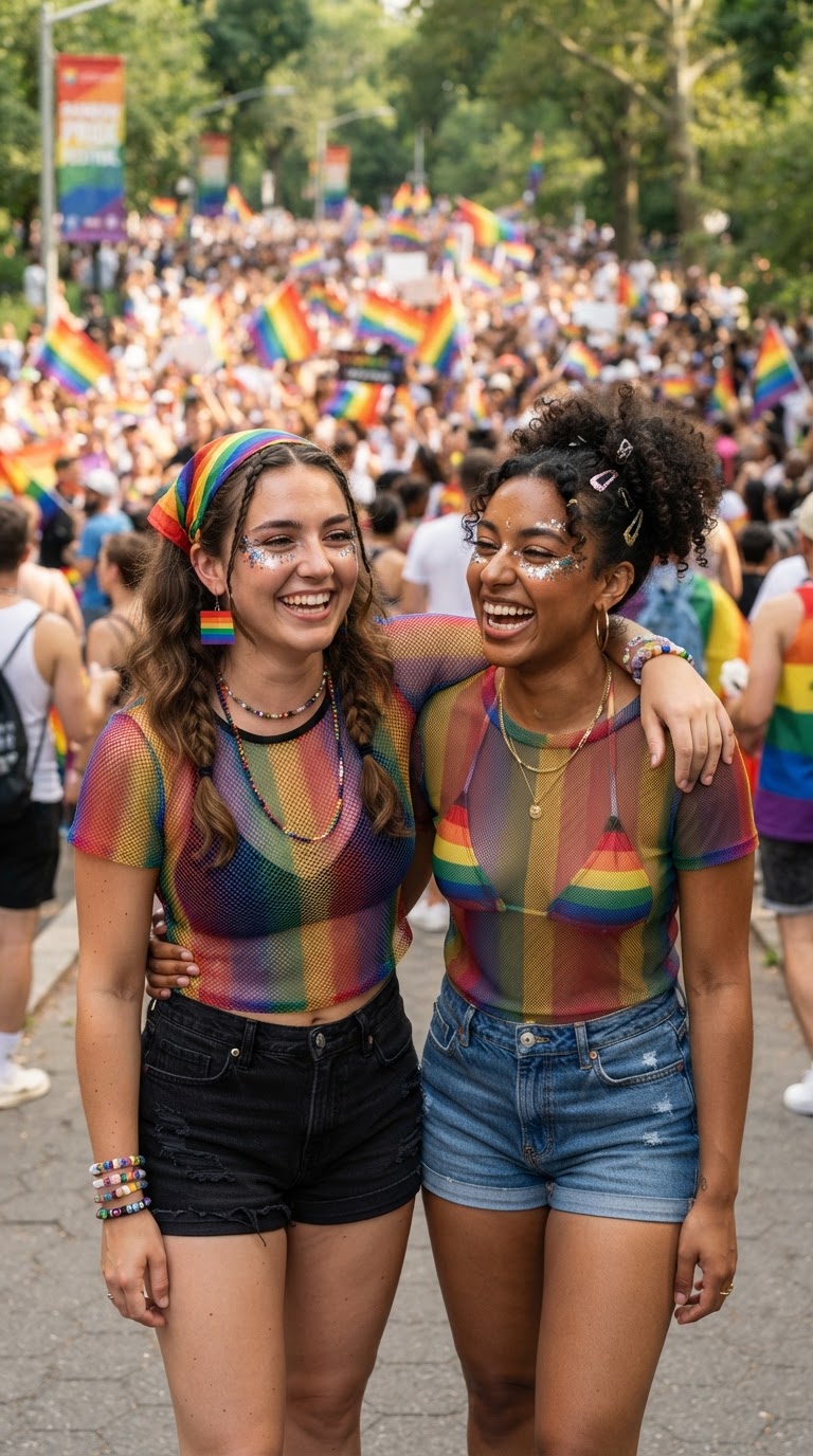 Pride outfit idea 7: Sheer Rainbow Mesh Top