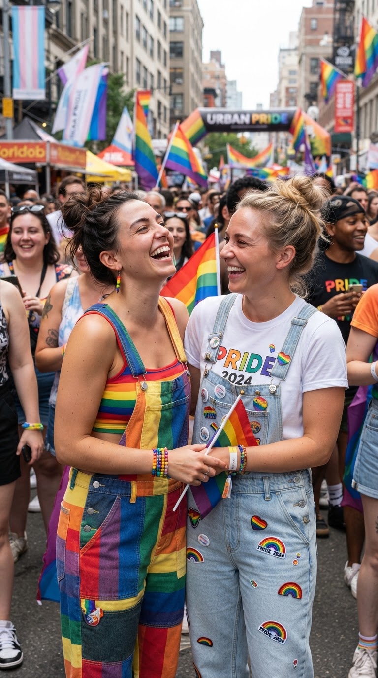 Pride outfit idea 6: Rainbow Patch Overalls