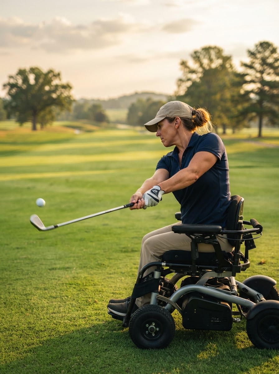 An adaptive golfer using a seated device swings a golf club on a vast green fairway under a warm morning sky