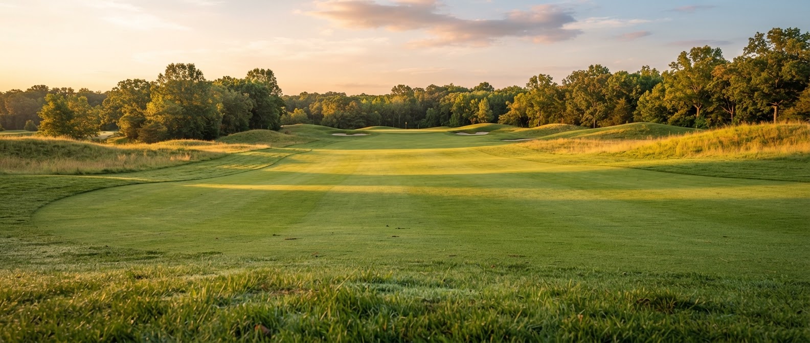An open green golf fairway stretching toward distant trees under a warm sky