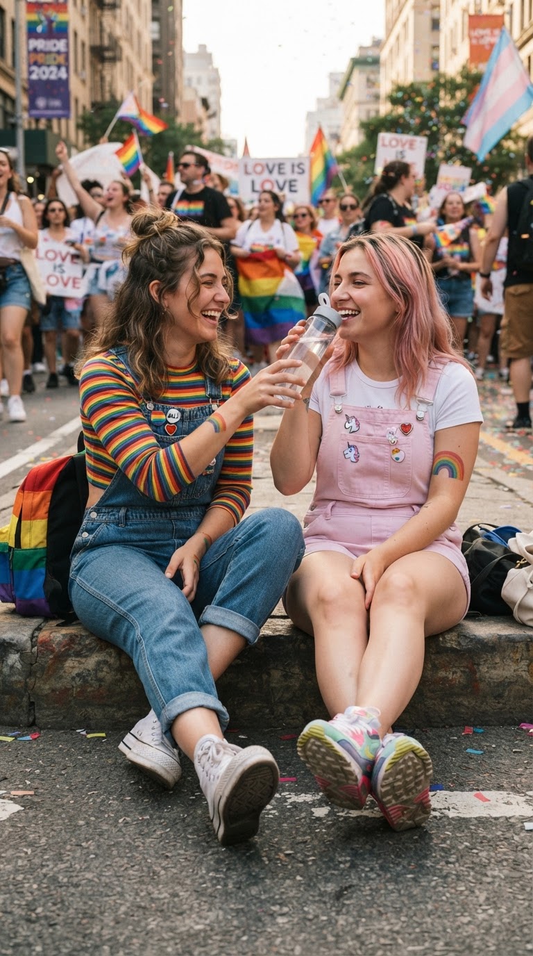 Two women in coordinated overalls outfits with rainbow details sitting on a parade curb sharing a moment
