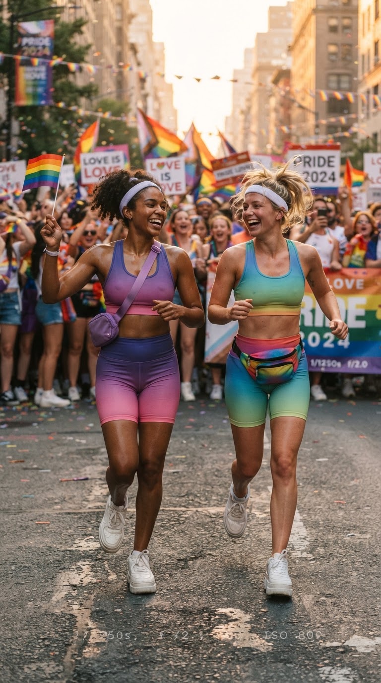 Two women in colorful matching athletic wear running joyfully through a pride parade route