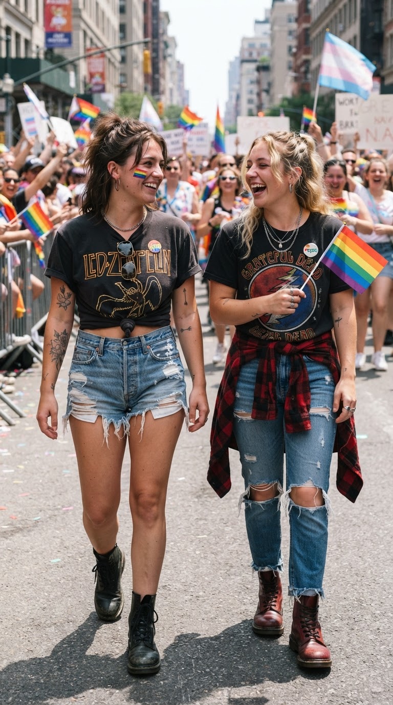 Two women in vintage rock-inspired outfits with combat boots and flannel shirts at a pride march