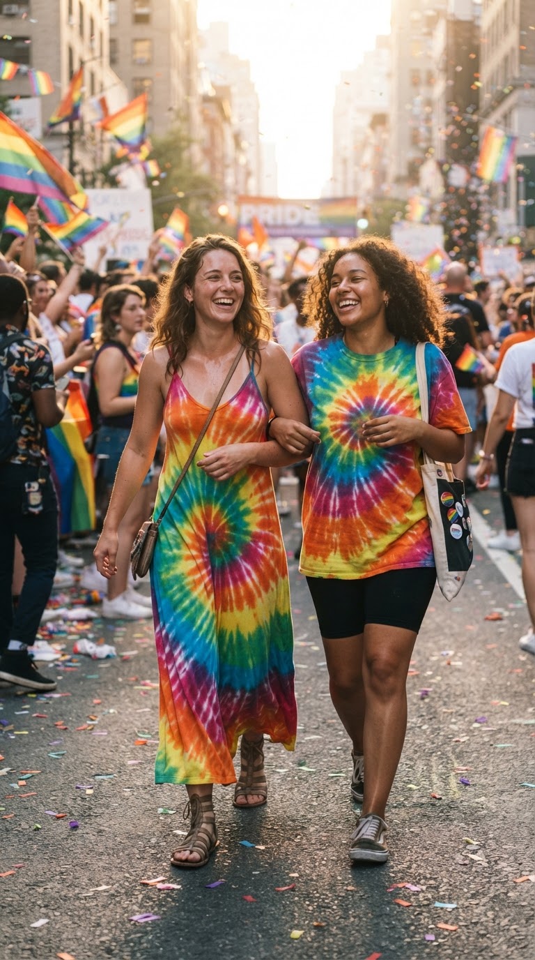 Two women in rainbow tie-dye outfits walking arm in arm through a colorful pride parade with confetti