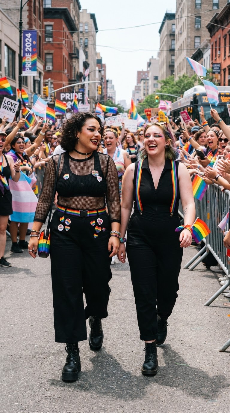 Two women in all-black outfits with rainbow accent accessories walking confidently through a pride parade
