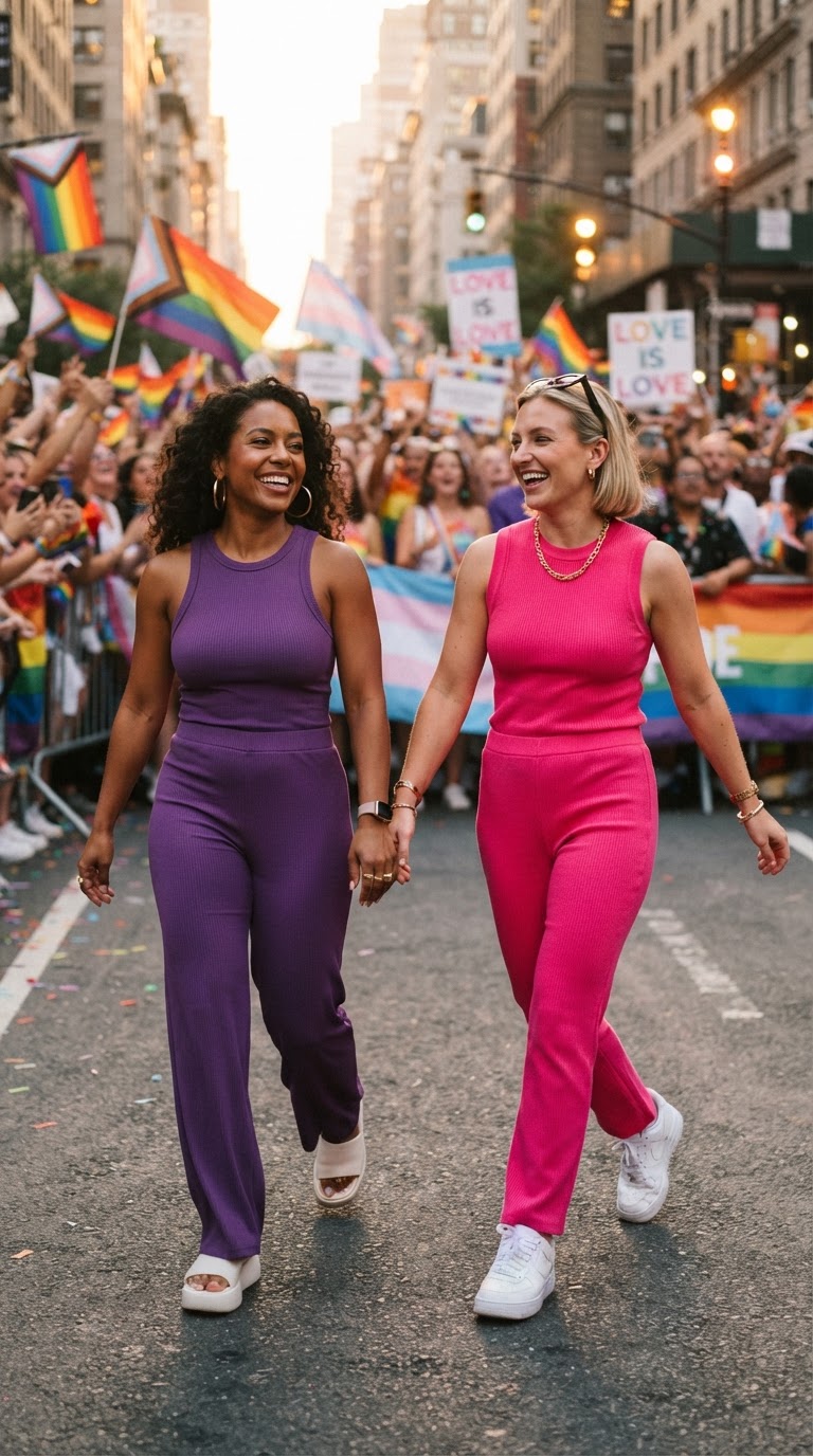Two women in bold monochrome matching sets - one in purple, one in hot pink - striding through a sunset pride parade
