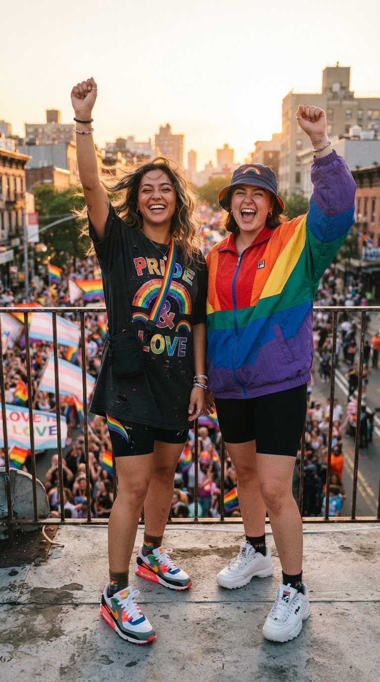 Two women in oversized streetwear outfits with chunky sneakers and bucket hats celebrating at a sunset pride parade