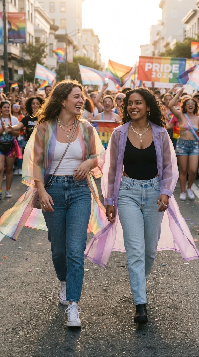 Two women in sheer rainbow kimono and lavender duster over casual outfits at a golden hour pride march