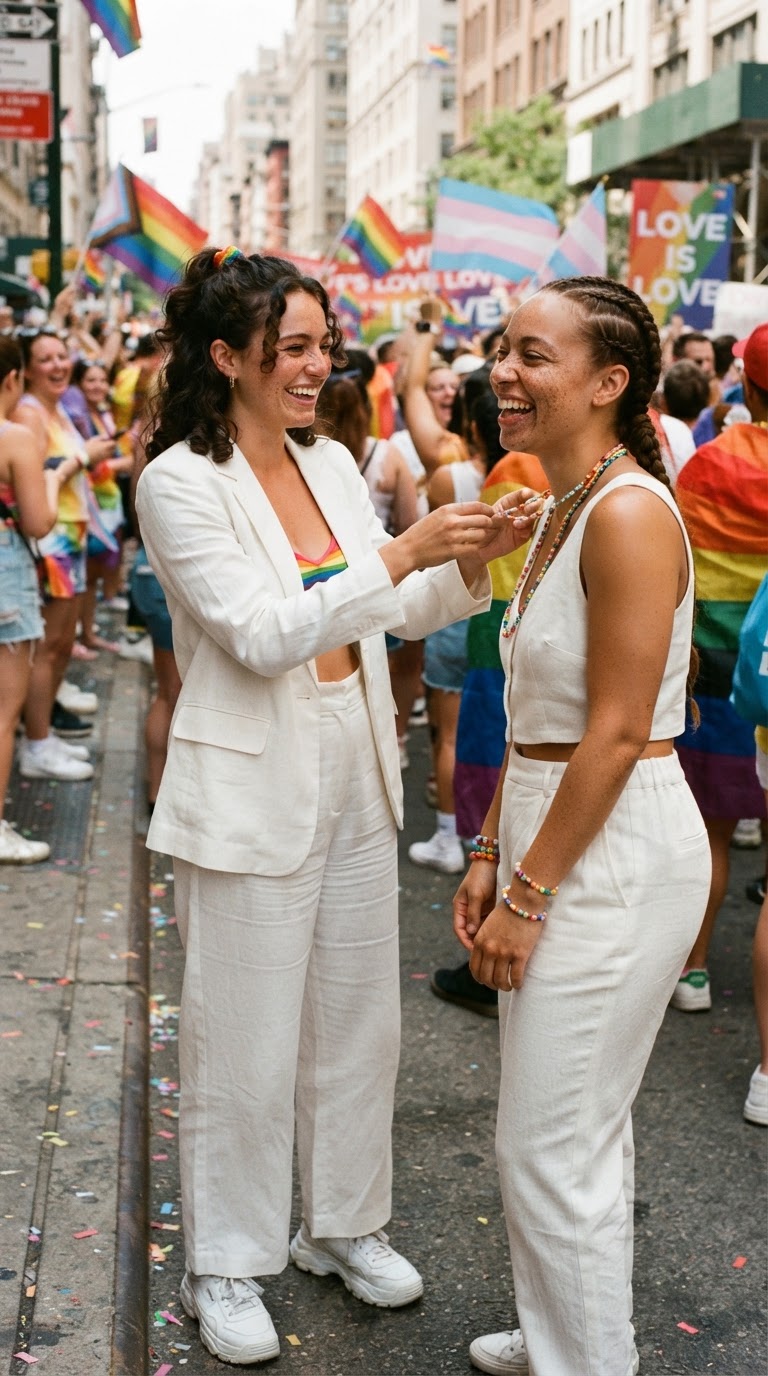 Two women in crisp white linen blazers and rainbow accessories at a bright sunlit pride event