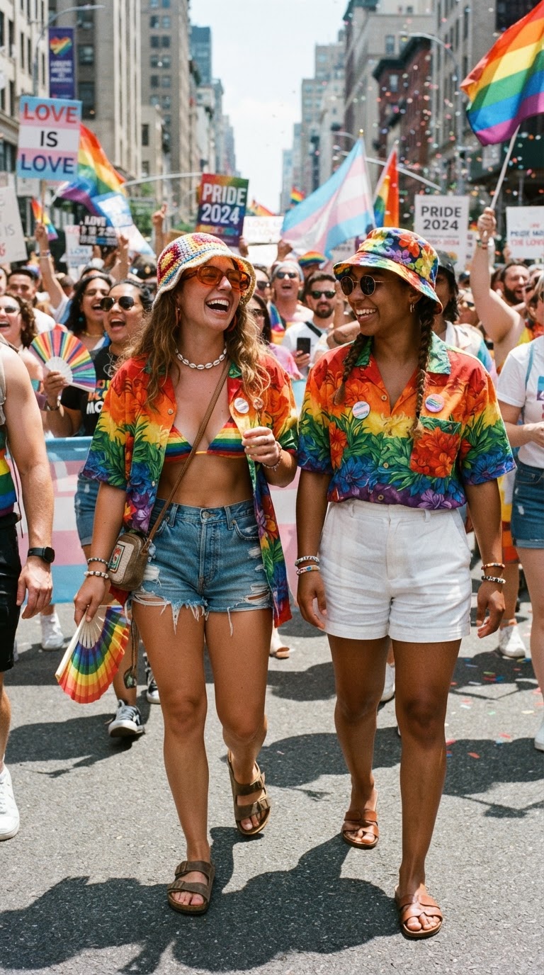 Two women in oversized Hawaiian shirts with rainbow prints and bucket hats at a sunny pride parade