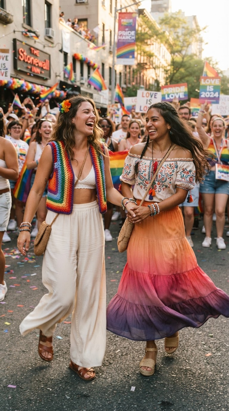 Two women in bohemian crochet vests and flowing palazzo pants dancing together at a sunlit pride parade