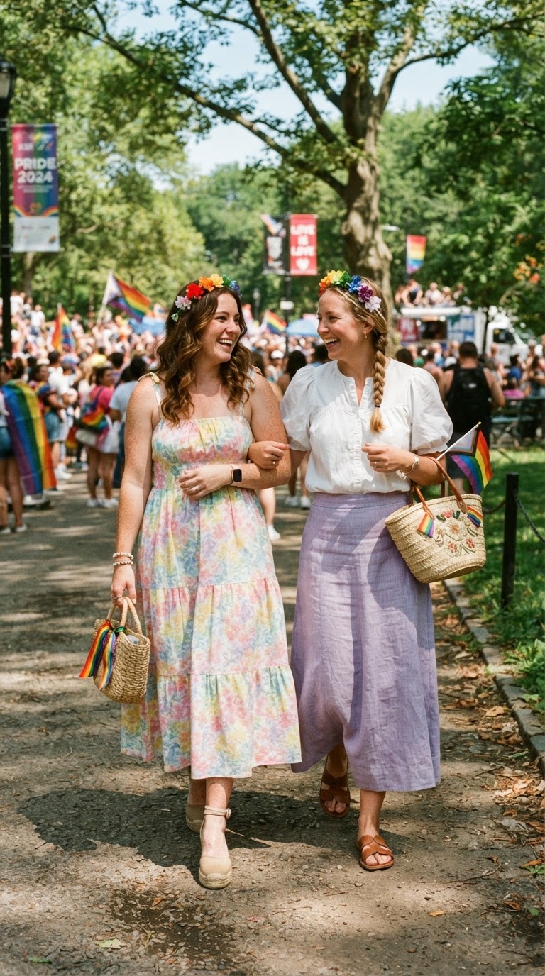 Two women in flowy cottagecore outfits with flower crowns in pastel rainbow colors at a sunlit pride event