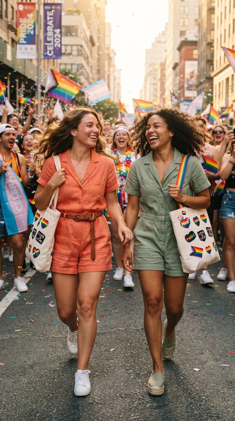 Two women in matching colorful linen rompers with canvas tote bags walking through a vibrant pride parade