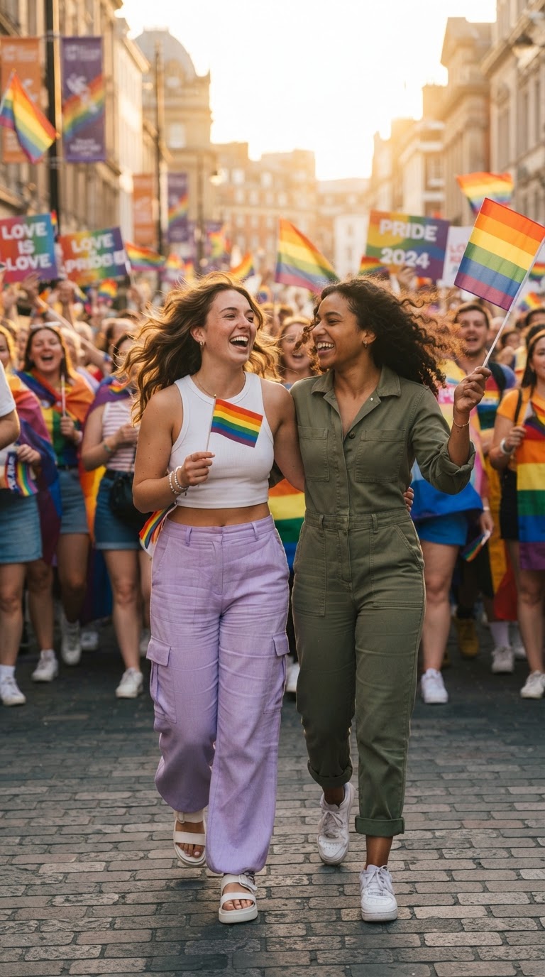 Two women in lavender cargo pants and crop tops laughing at a sunlit pride parade, golden hour street photography