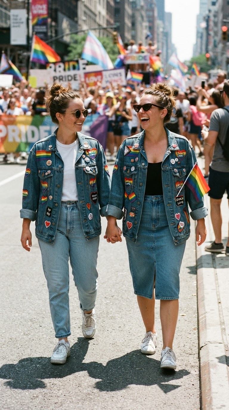 Two women in coordinated customized denim jackets with rainbow patches holding hands at a pride march